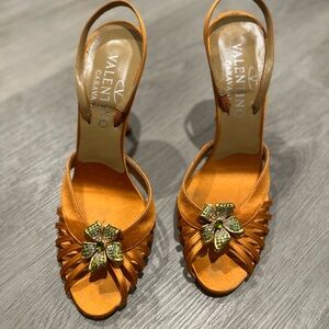 Valentino Garavani Orange Heels with Floral Embellishment